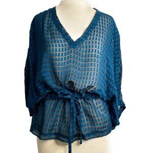 ZOA Sheer Silk Peasant Boho Dolman Sleeve Blouse in Peacock Blue Teal Y2K 90s